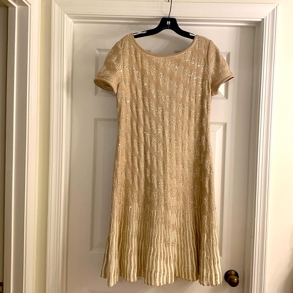 Elegant, St. John Knit dress. Size 12. Cream, gold, & sequence. Good New Year’s